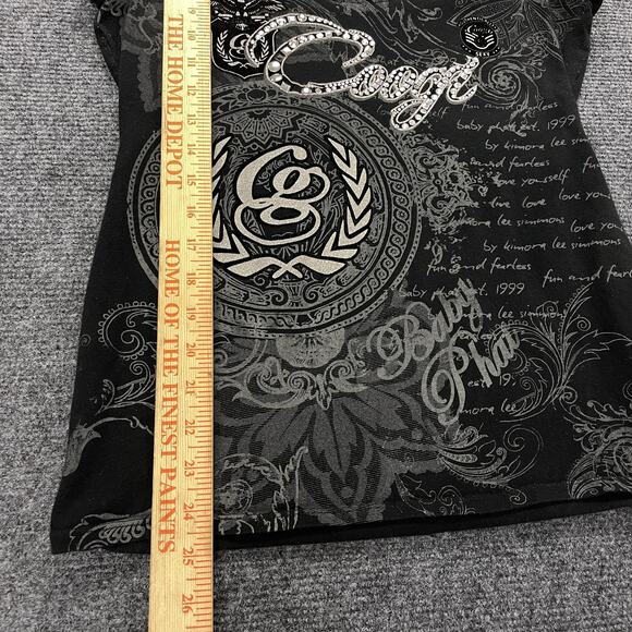 Coogi Shirt Womens Large Black V Neck Graphic Foil Script Butterfly Embellished - Picture 5 of 5